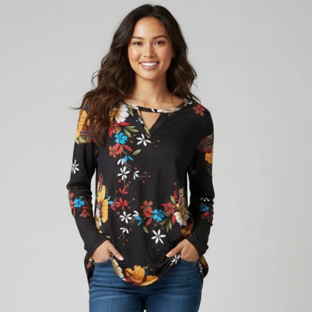 Woman's Long Sleeve Black Floral Top
